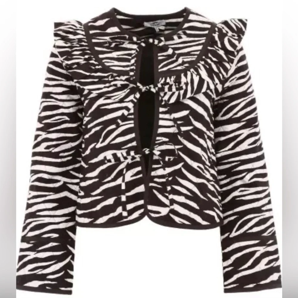 Ganni Faulkner Black & White Zebra-Print Quilted Tie-Front Jacket. EUC - Picture 1 of 7